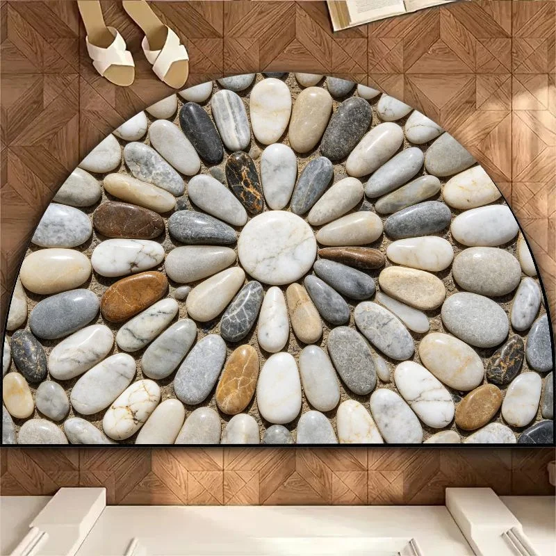 Tapis de bain demi-rond en galets naturels neutres VIKAMA, tapis de sol de salle de bain minimaliste antidérapant et absorbant l'eau
