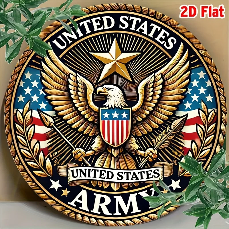 Letrero Redondo de Metal con Emblema de Águila del Ejército de los Estados Unidos en 2D - Decoración Patriótica Militar Estadounidense para Bar, Cuarto de Hombre, Veteranos y P