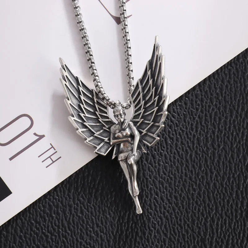 Classic Retro Angel Wings Pendant Necklace Men and Women Couples Blessing Trend Amulet Daily Leisure Jewelry Anniversary Gift