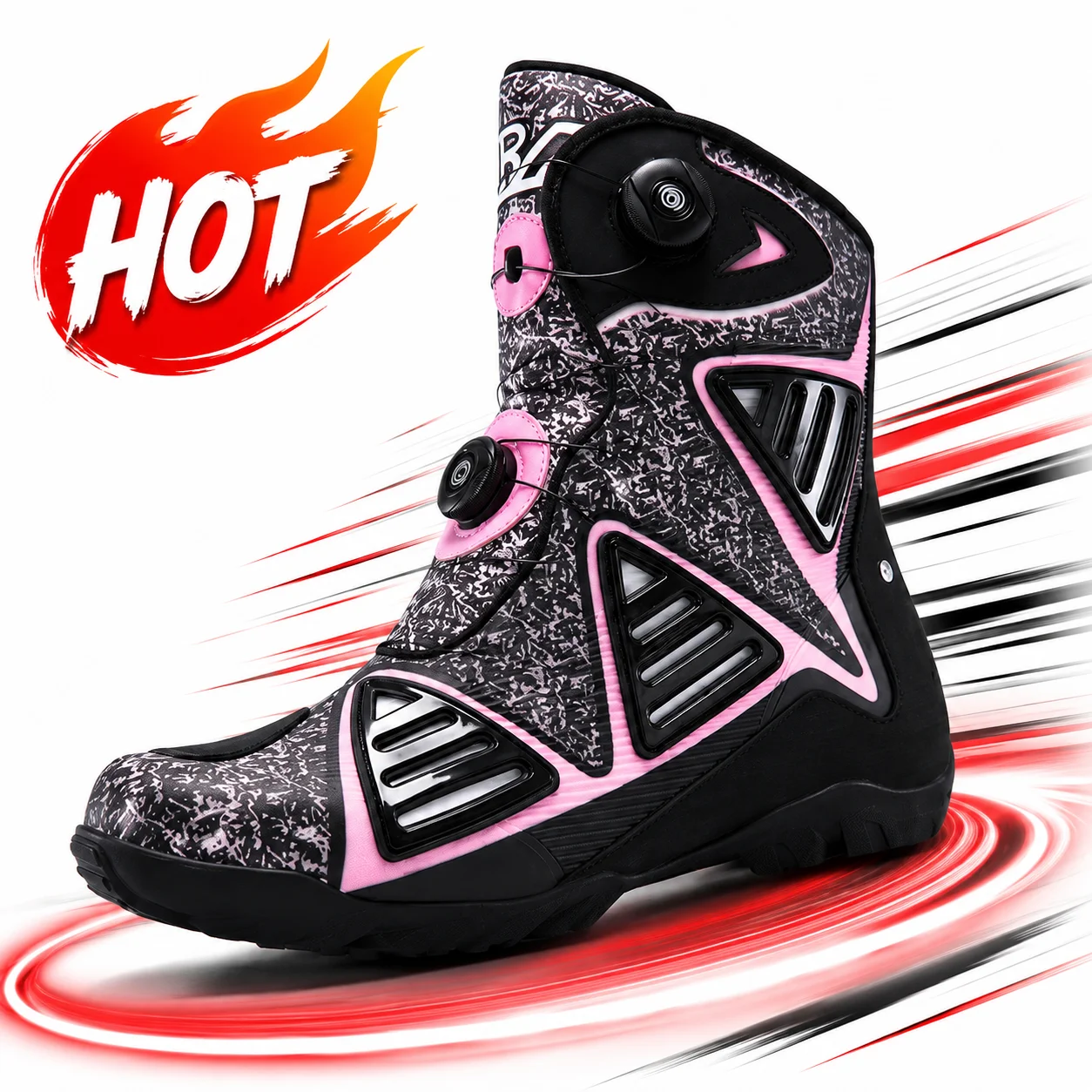 Motorcycle Riding Shoes Moto Boots Men Women High Top Rotary Buckle Speckled Colorblock Upper Rubber Sole Racing Touring 37-47
