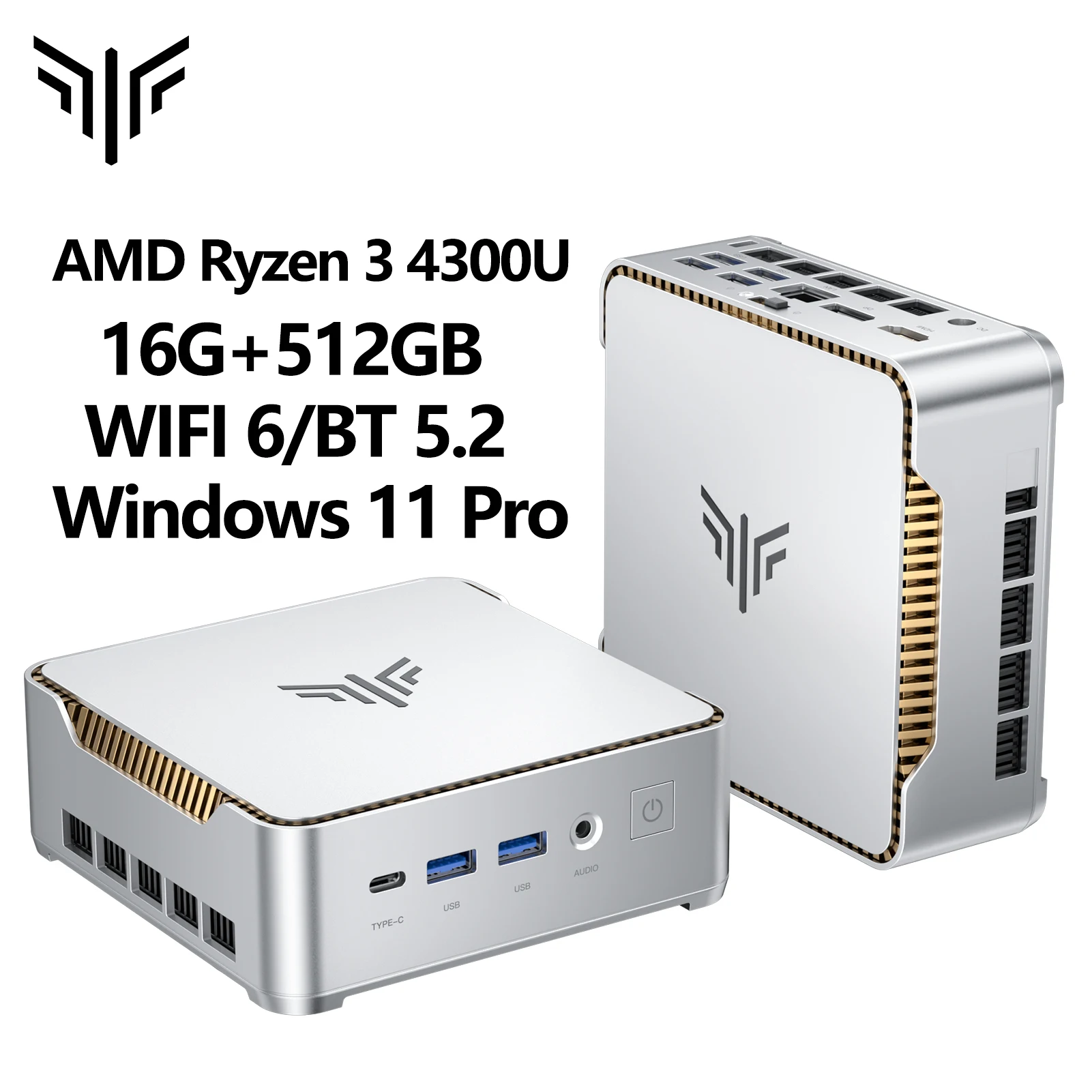 KAIGERR AMD Ryzen 3 4300U 16GB RAM 512GB Mini-PC SSD Tragbarer Gaming-Mini-PC Wifi6 BT5.2 4K Triple-Display Windows 11 Pro EU-Stecker
