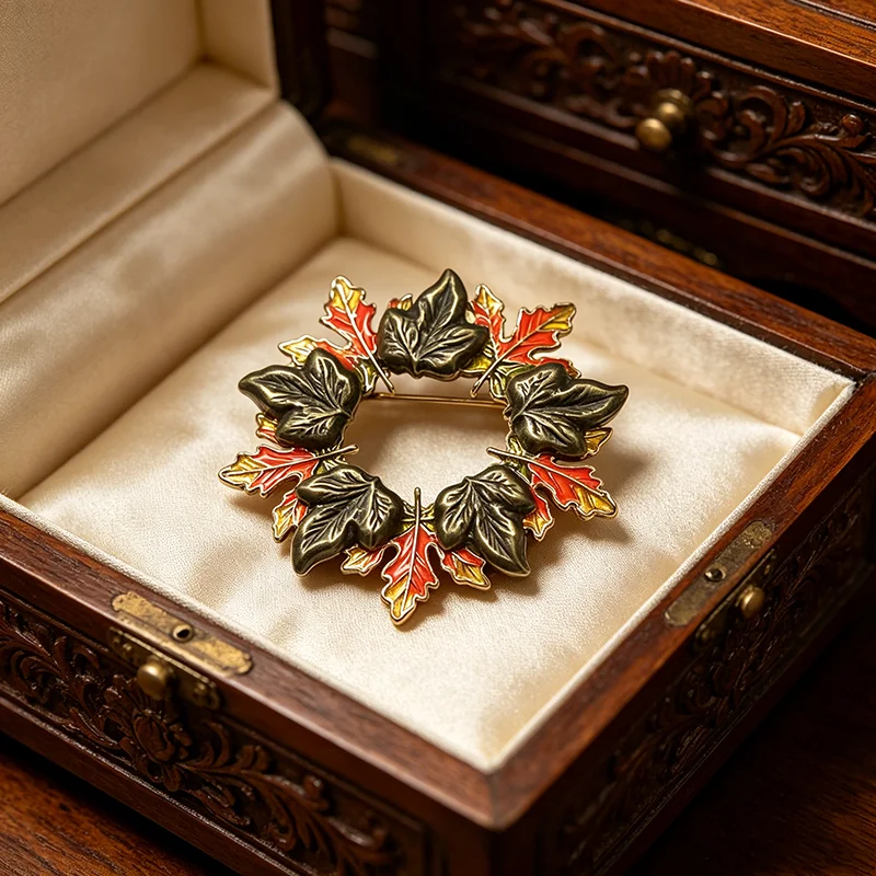 Vintage Fall Wreath Leaf Brooch Pin Enamel Red Orange Maple & Ivy Circular Lapel Pin for Women Man