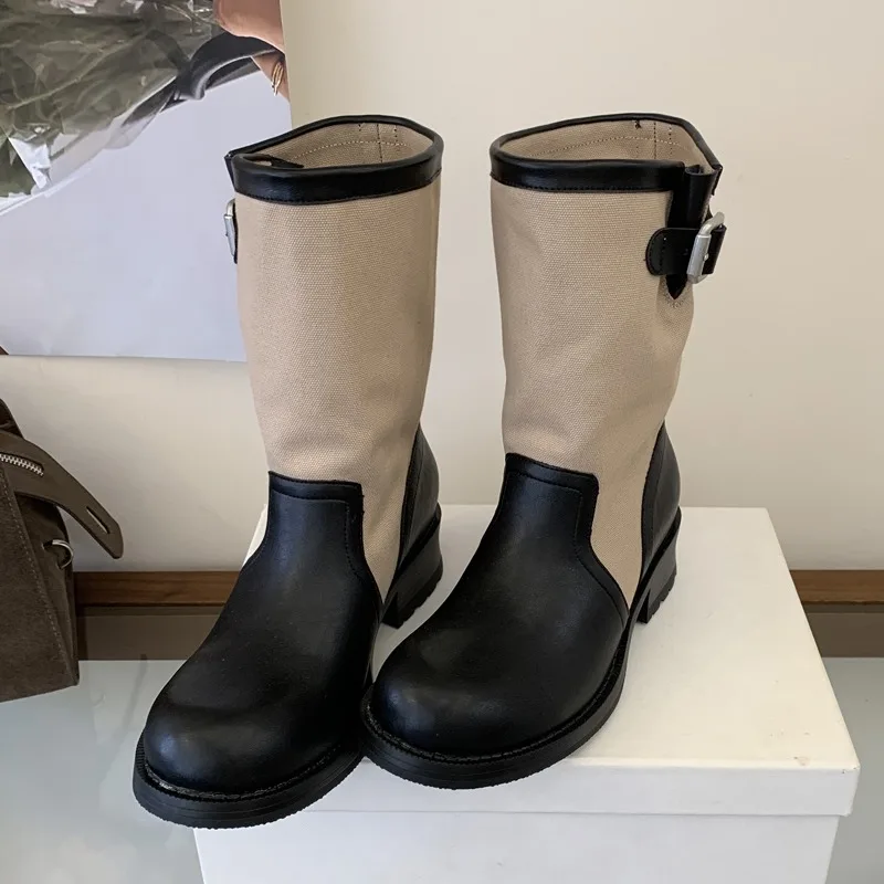 Eilyken Autumn Winter Cosy Square Low Heels Women Ankle Boots Designer Splicing Belt Buckle Round Toe Shoes Booties