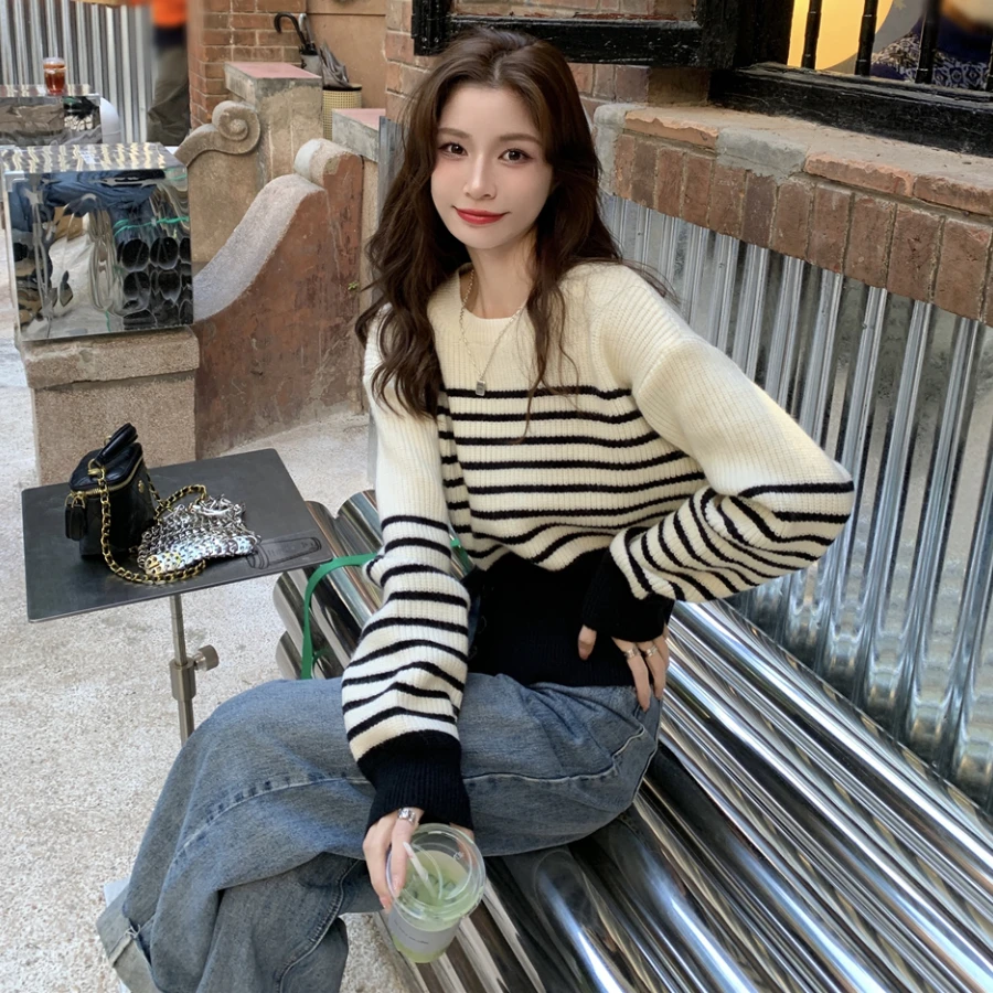 

Cropped Striped Simple Pullovers Women Ins Lazy Style Korean Knitwear Vintage All-match Autumn New Fashion Sweaters Young 2025