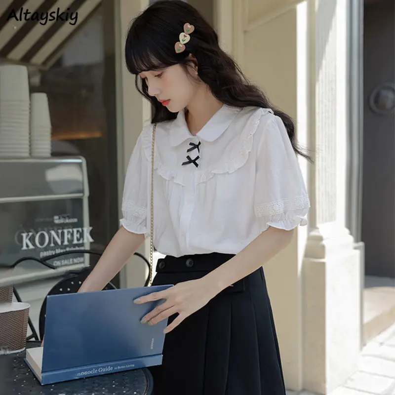 

White Peter Pan Collar Shirts Women Bow Solid Puff Sleeve Korean Style Preppy Fashion Sweet JK Trendy Summer Students Girlish