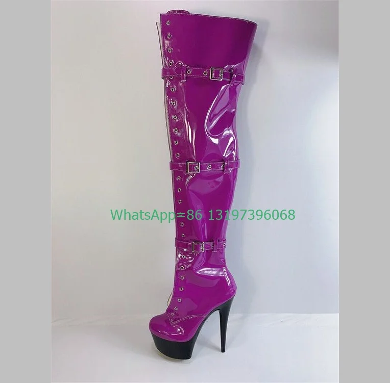 

Lady Purple Metallic Pu Platform Gothic Knee Boots Buckle Strap Dance Dress Boots Purple Color Patent Pu Causal Running Boots 46