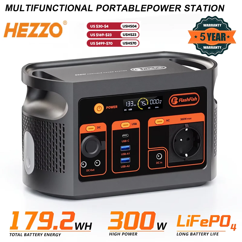 FlashFish E103 Portable Power Station 179.2Wh LiFePO4 Battery, 300W AC Output, 600W Peak, USB-C, USB-A, DC Output for Camping, Travel and Emergency Backup