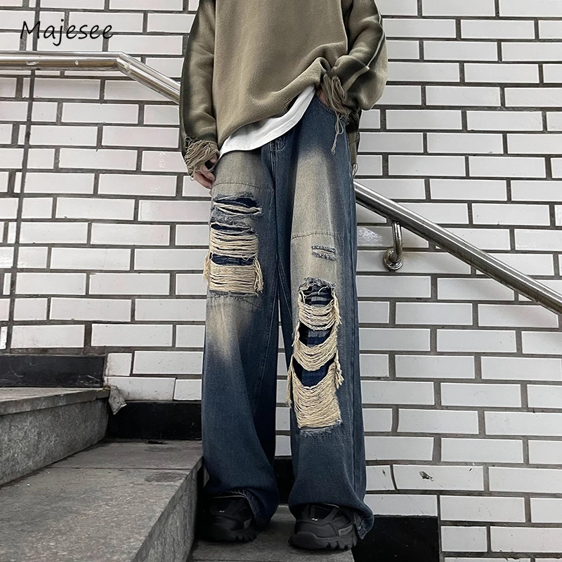 

Asymmetrical Jeans Men Wide Leg Baggy Ripped Retro European Style Full Length Bleached Daily Minimalist High Street Teenagers