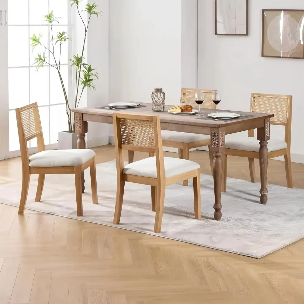 Rattan Dining Chairs Set of 4, Farmhouse Natural Dining Room Chairs with Upholstered Cushion, Wood Armless Chairs