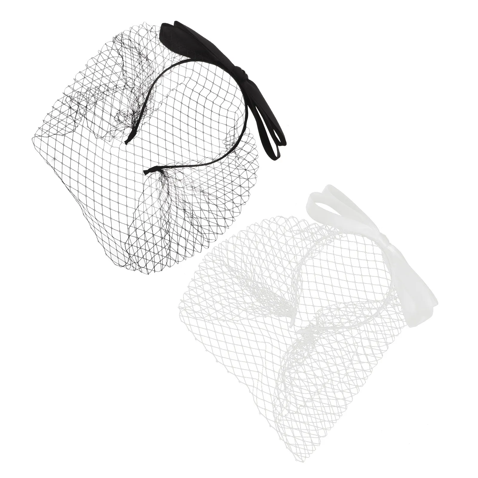 

2Pcs Vintage Bowknot Headbands for Women White Satin Fabric Mesh Veil Hairband Comfortable Stretchy Ribbon Headband for Bridal