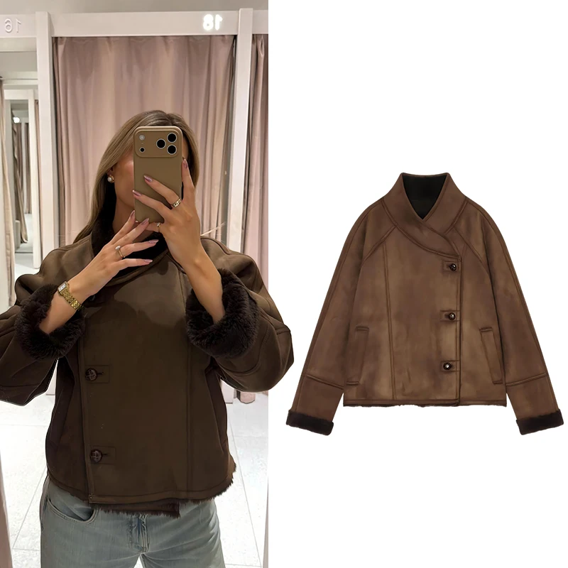 Women Vintage Faux Leather Jacket Asymmetrical Button Coat Faux Fur Cuffs Brown Distressed Biker Jacket Autumn Winter Outerwear