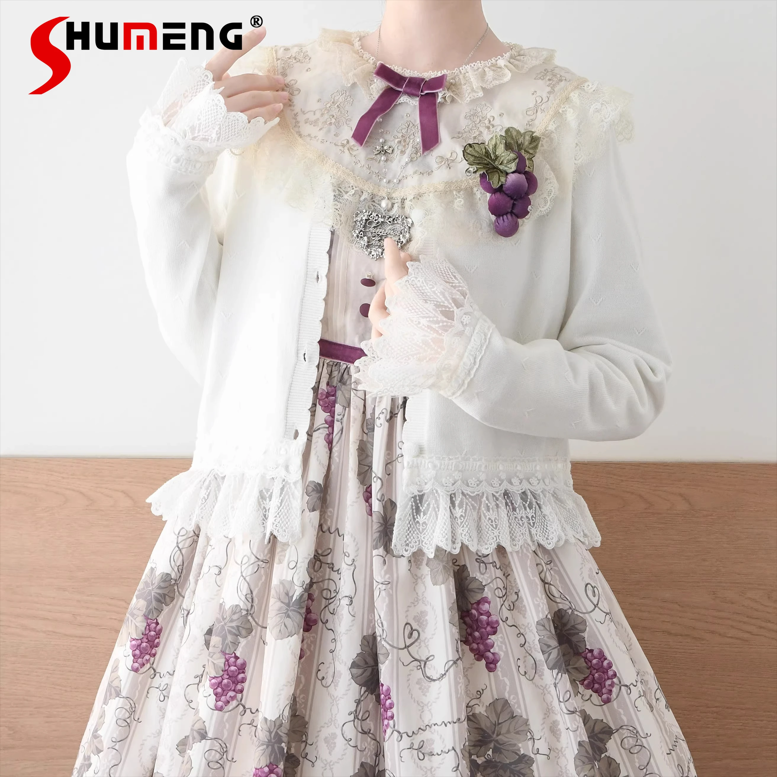 

Оригинальный японский мягкий вязаный кардиган в стиле Лолиты для девочек, свитера, весенне-осенние новые женские милые милые кавайные кружевные топы с рюшами Y2K