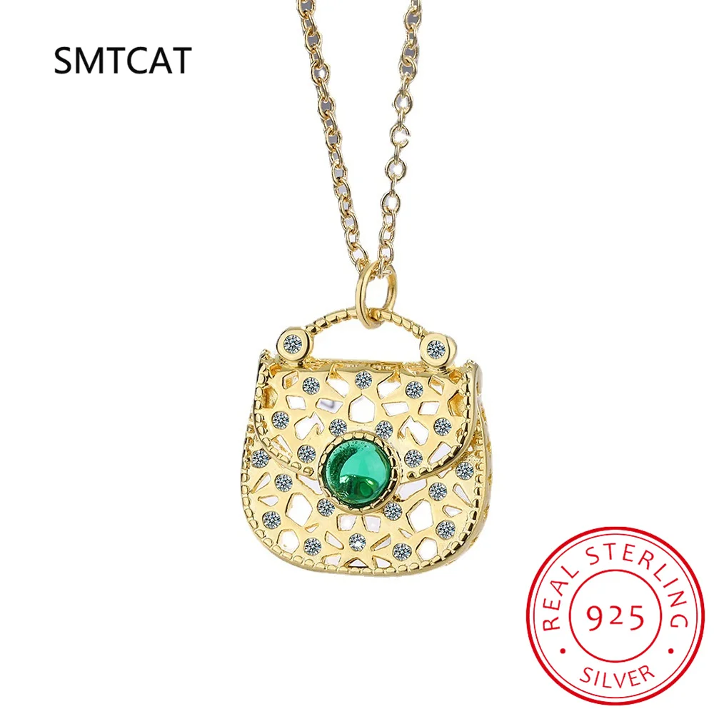 Round Green Simulated Nano Emerald 925 Sterling Silver Bag Pendant Necklace for Women Gemstones Choker Colar de Prata