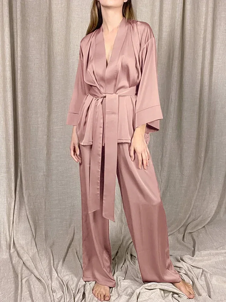 Elegant Women\'s Tracksuit with Belt 2024 Spring Red Wide Leg Trousers Silk Satin Suit Buttons Shirts Thin Two Piece Pajamas Set