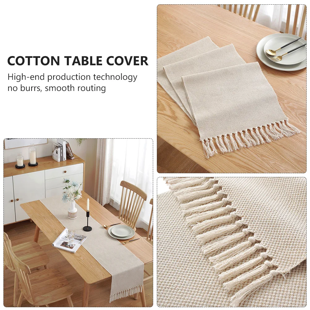 

1 pc Hand-Woven Cotton Tablecloth Rustic Protective Cloth Decorative Cover Simple Decoration Beige Tassel Table Cover Household