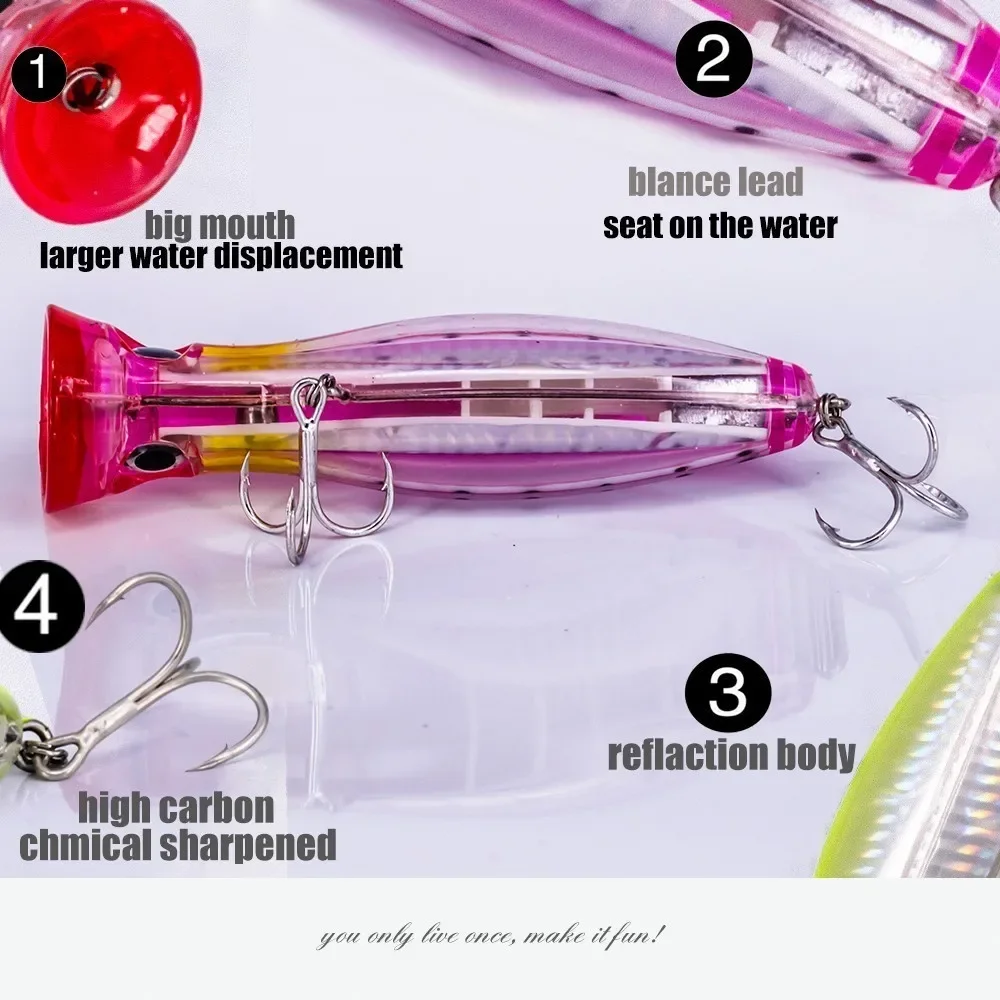 Señuelo de pesca Popper de 12cm y 43g, cebo duro poper de agua superior, carretilha para pesca en el mar, colores rosa, azul, verde, naranja, biat