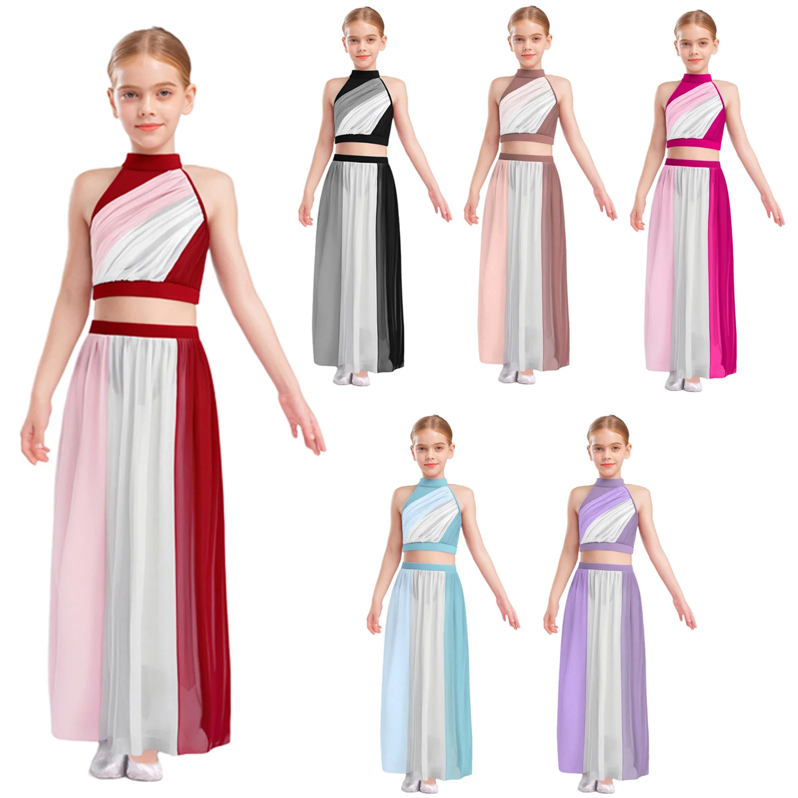 Kid meisjes lyrische moderne hedendaagse danskostuum mouwloze kleurblok ruches crop top met split chiffon rok ballet outfit
