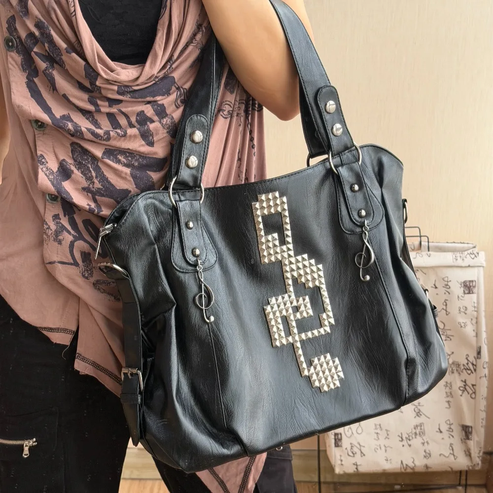 Original Punk Locomotive Subculture Bag Black Rivet Music Note Portable Messenger Bag Large Capacity Retro Bag