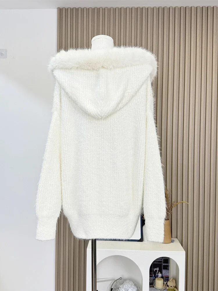 Woman White Hoodies Cardigan Sweater Harajuku Y2k Long Sleeves Knitted Cashmere Sweaters Aesthetic Vintage 2000s Clothes Autumn