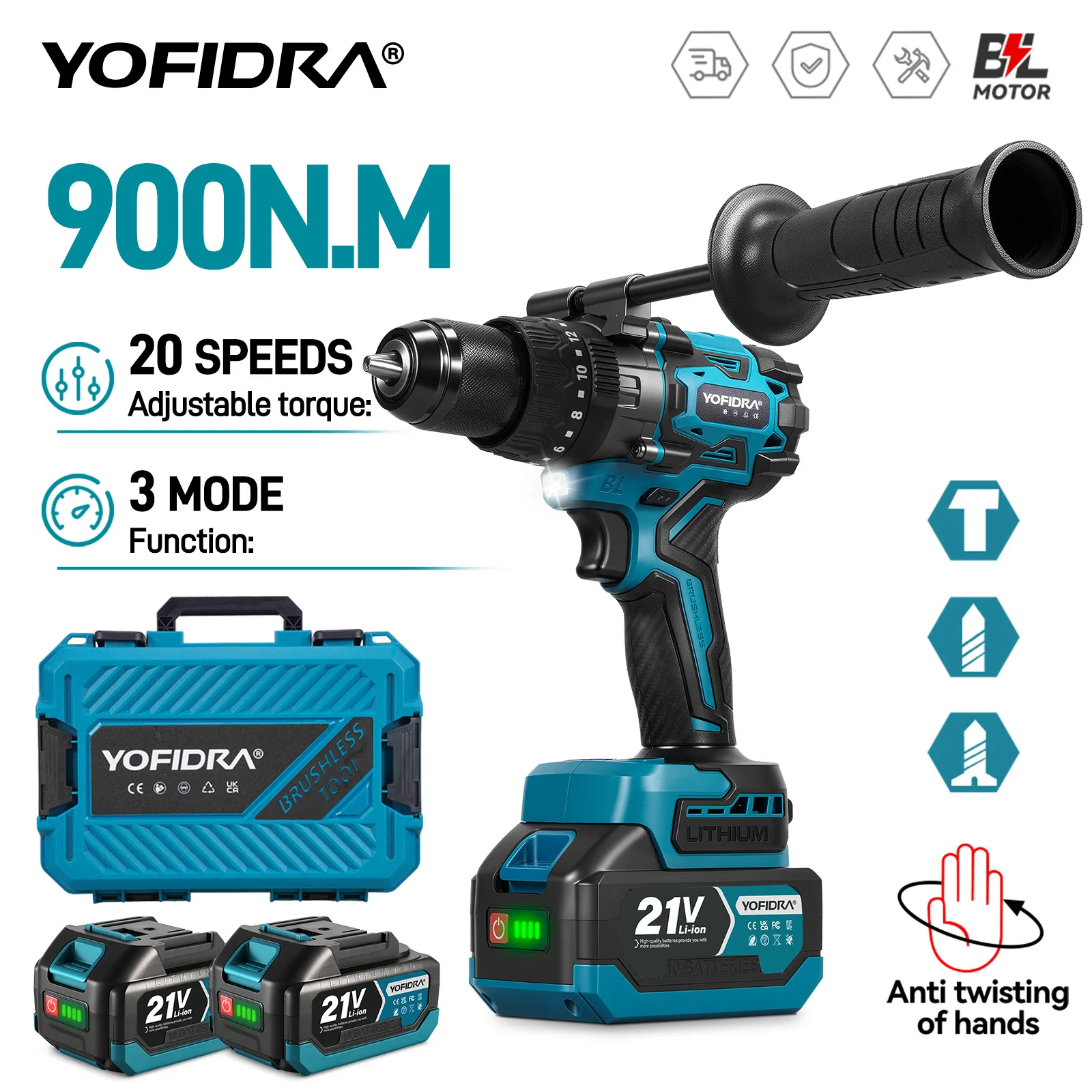 YOFIDRA 13MM 900N.M Bürstenloser Elektro-Schlagbohrer 20+3 Drehmoment Elektro-Hammerbohrer Elektrowerkzeug für Makita 18V Akku