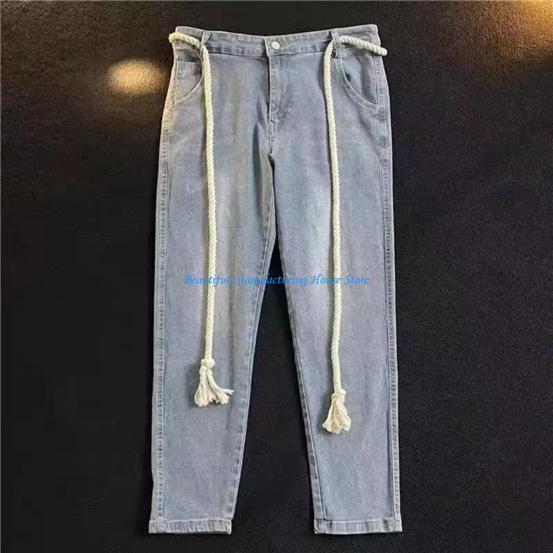 E56A Unisex Braided Rope Belt Retro Waistband Waist Ornament for Jeans Casual Wear Cotton Linen Girdle