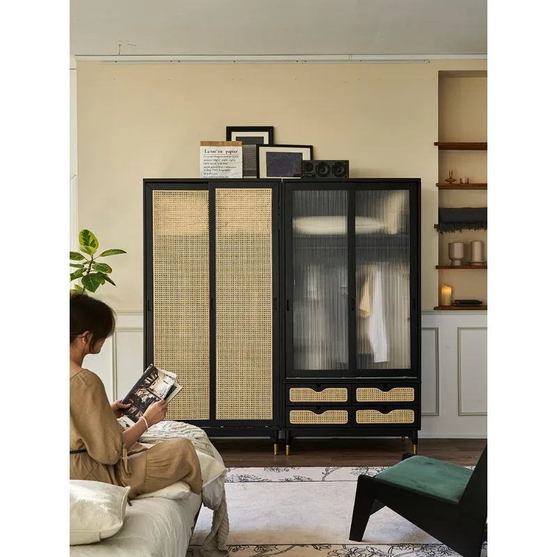 French retro rattan wardrobe combination, small household sliding door locker, floor-to-ceiling wardrobe against the wall