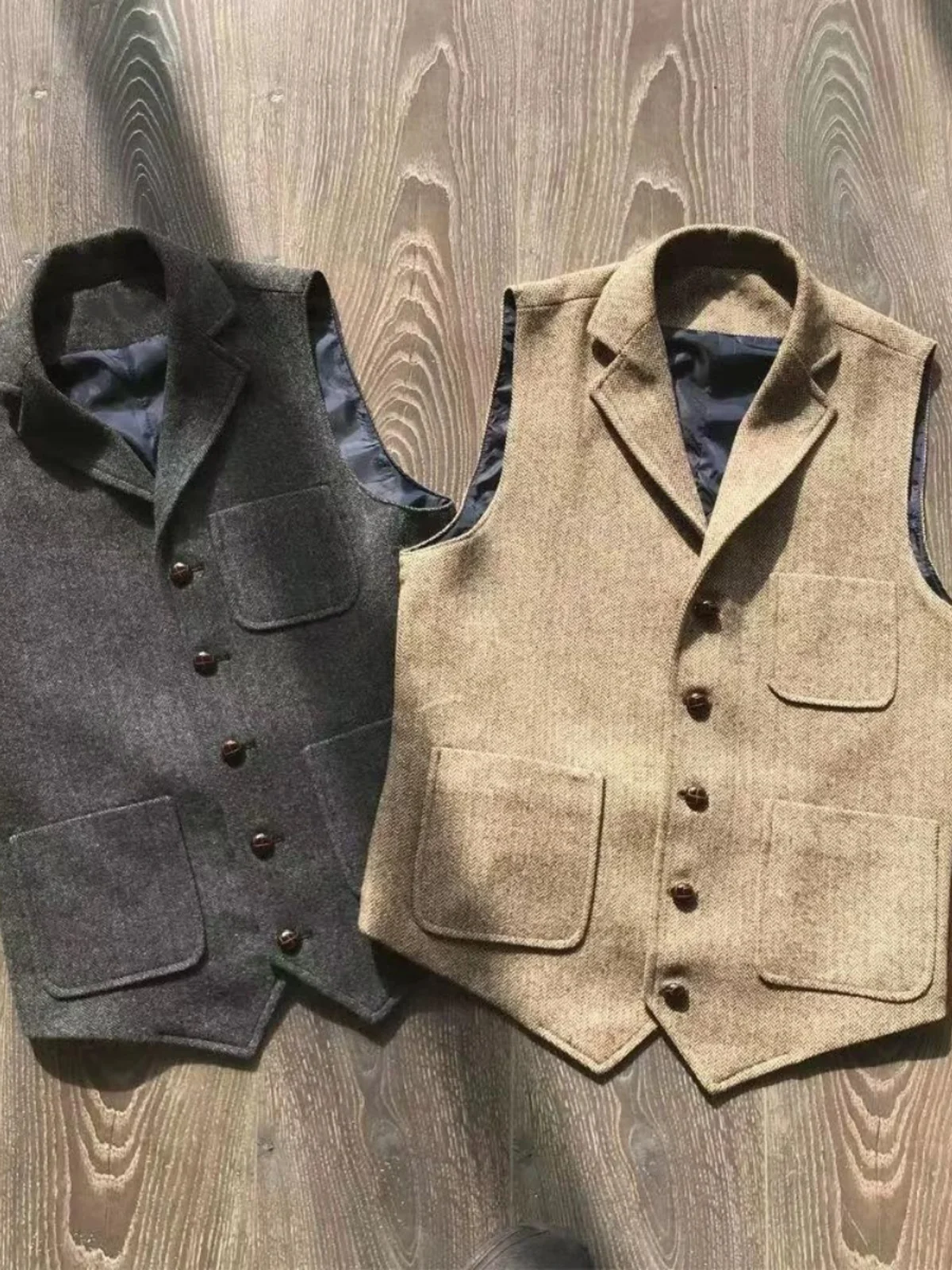 

Autumn Winter American Retro Khaki Multi-ket Vintage Vest Buttoned Thi Tweed Large Size Busin Casual Stand Fit
