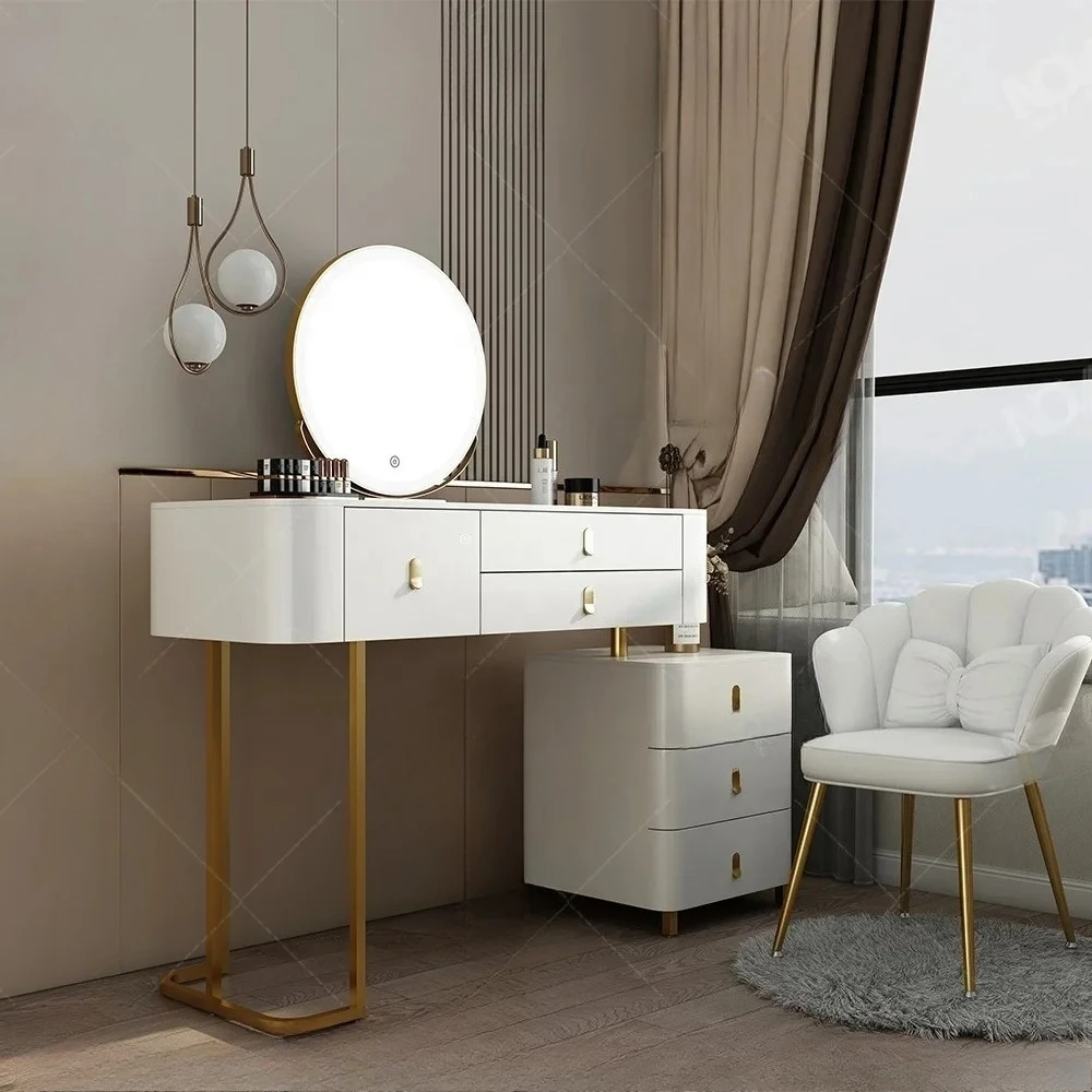 #White Slate Top Luxury Bedroom Makeup Vanity Table MDF Solid Wood Dressing Desk With Smart LED Light Mirror - view 5