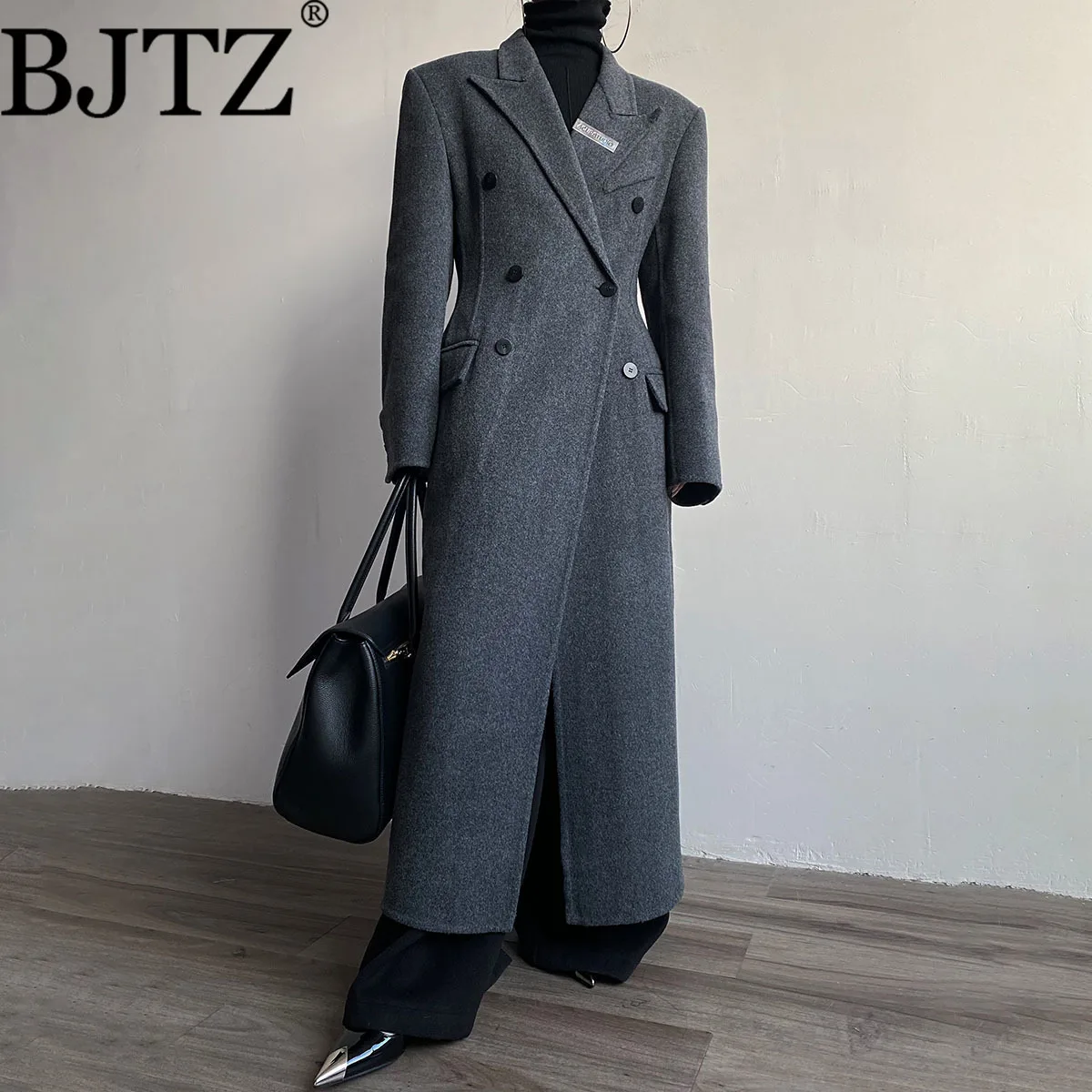 

BJTZ женский осенне-зимний шерстяной двухбортный длинный пиджак с поясом на талии, пальто для офиса, элегантная повседневная шикарная верхняя одежда