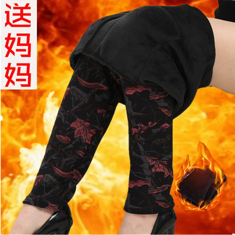 New arrival Plus velvet  Leggings Women Autumn and Winter Plus-Size   Print Flower Warm Mother Pants