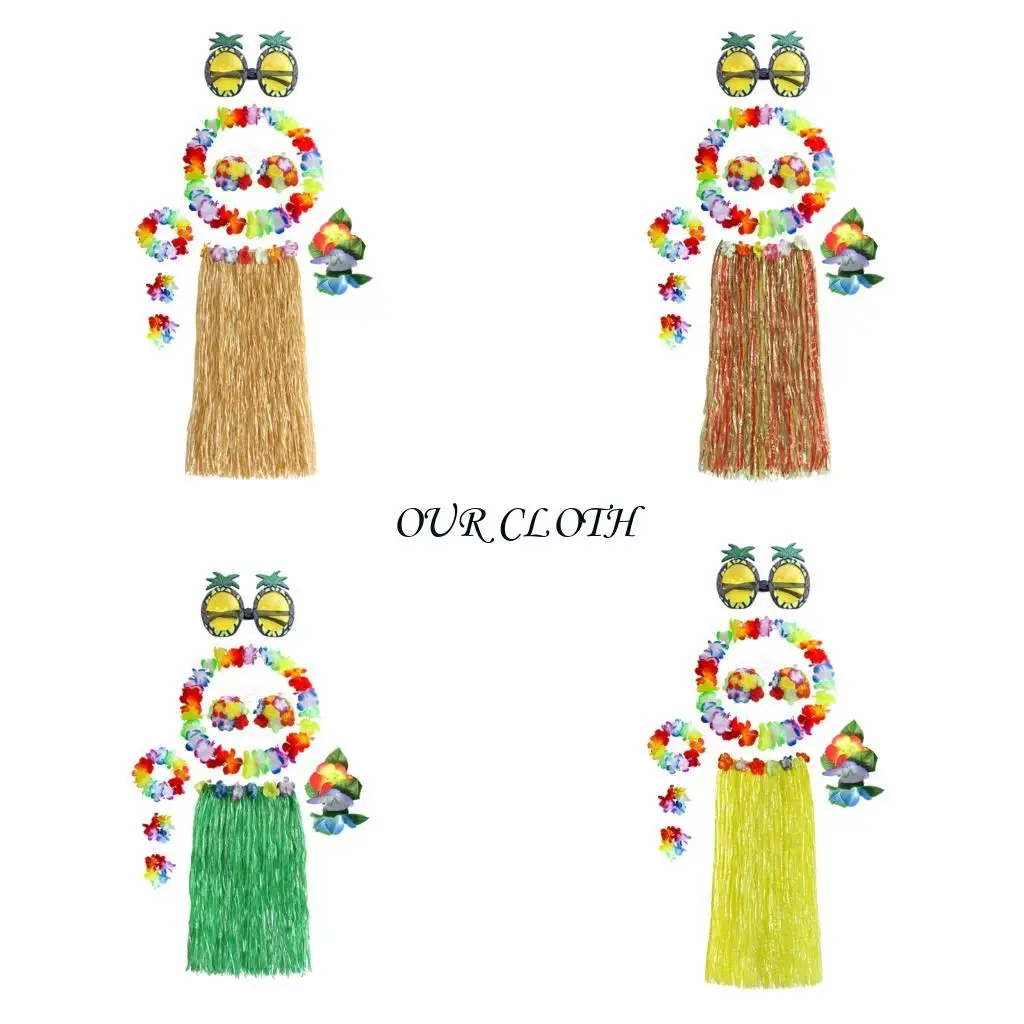 

Elastic Hawaiian Hulas Grass Skirt with Flower Costume Set for Party Beach Dance Fancy Dress, Themed Decorations Y1AC