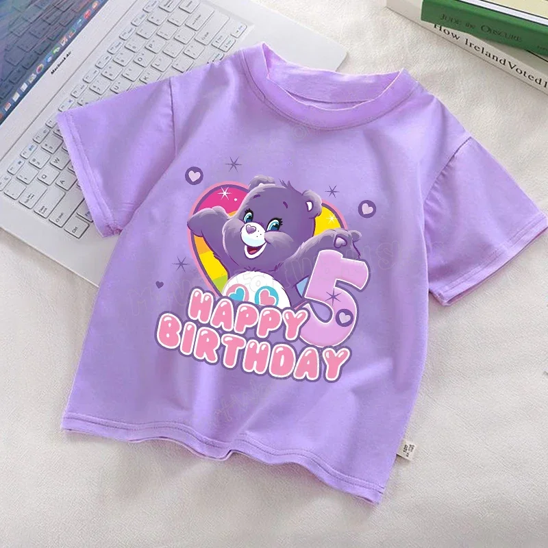 

Одежда для дня рождения Care Bear для девочек, детская праздничная футболка с номером, фиолетовые топы с короткими рукавами и мультяшным принтом, милая хлопковая футболка для малышей