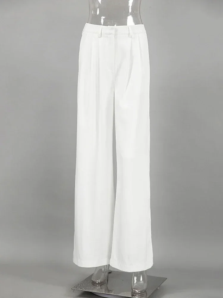 FJM-Pantalon blanc taille haute pour femmes, vêtements simples et décontractés, à la mode, de couleur blanche, collection automne