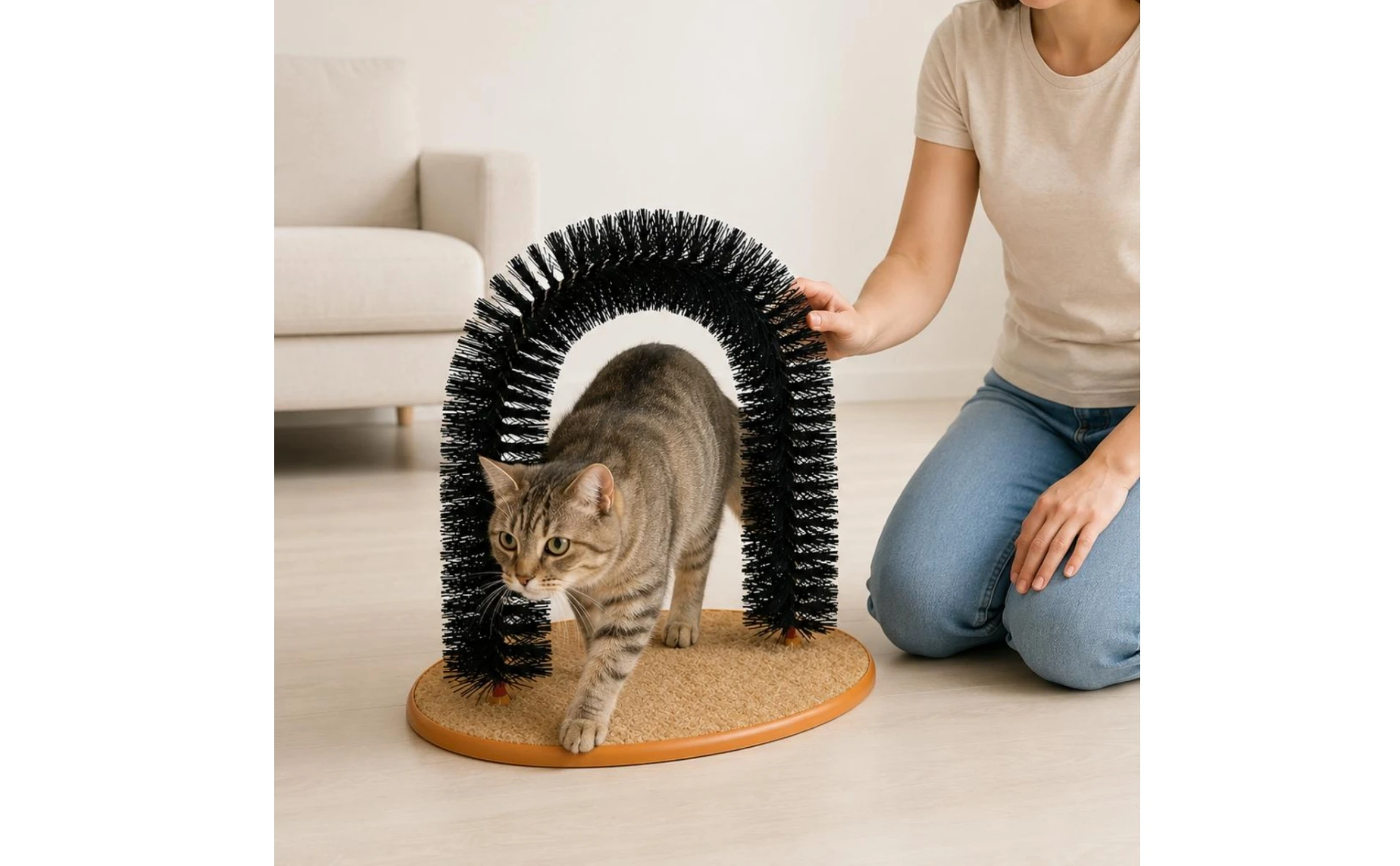 Feline Arch Scratcher Dense Bristles Feline Grooming Arch Bristle Scratcher Orange-Edged Rim Pet Accessory 3 in 1