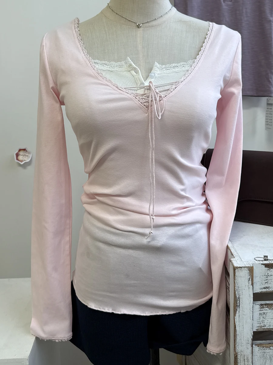 Camisetas de Manga Larga con Encaje para Mujer, Estilo Urbano de Primavera, Algodón, Cuello en V, con Cordones, Dulces y Lindas, Color Rosa Chic