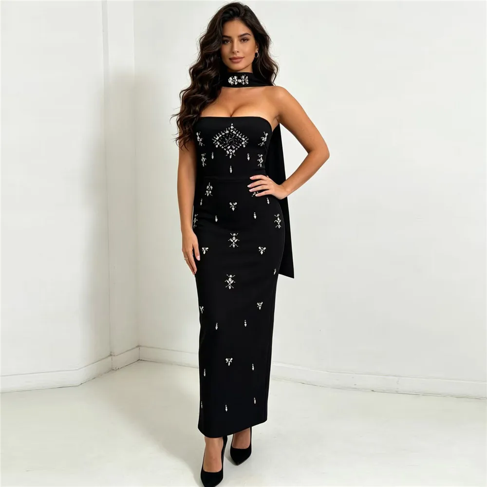 2026 Sommer Neues Luxuriöses Strass-Bandage-Kleid Damen Perlenbesetztes Trägerloses Elegantes Kleid mit Schal – Detail 2