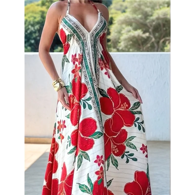 CYL-Women Boho Halter Floral V الرقبة بلا أكمام فضفاضة تناسب عارية الذراعين غير النظامية هيم فستان عطلة طويلة #2