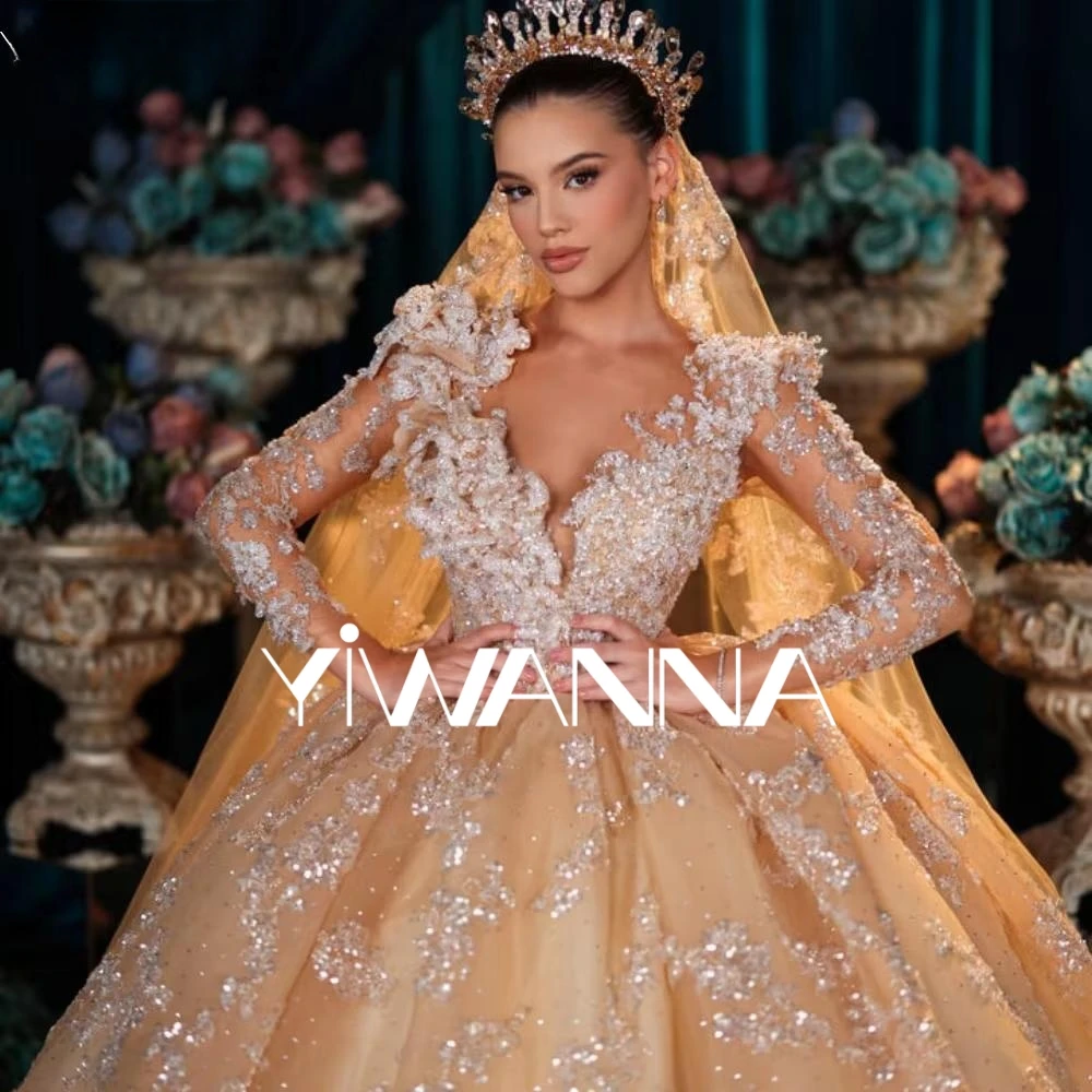 

Stunning Champagne Beaded Lace Appliques Wedding Dress Elegant V-neck Long Sleeve Bridal Gown Customized Dresses For Bride