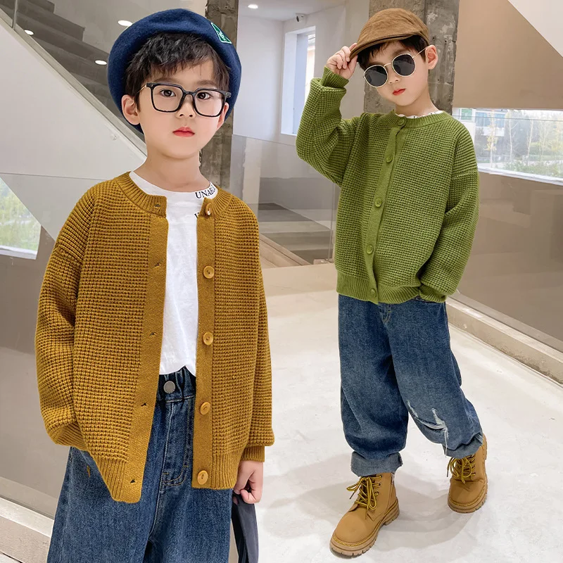 

New Arrival Boys Knitted Sweaters Coat Preppy Style Kids Pure Color Knitwear Clothes Pure Color Teenage O-neck Cardigans Tops