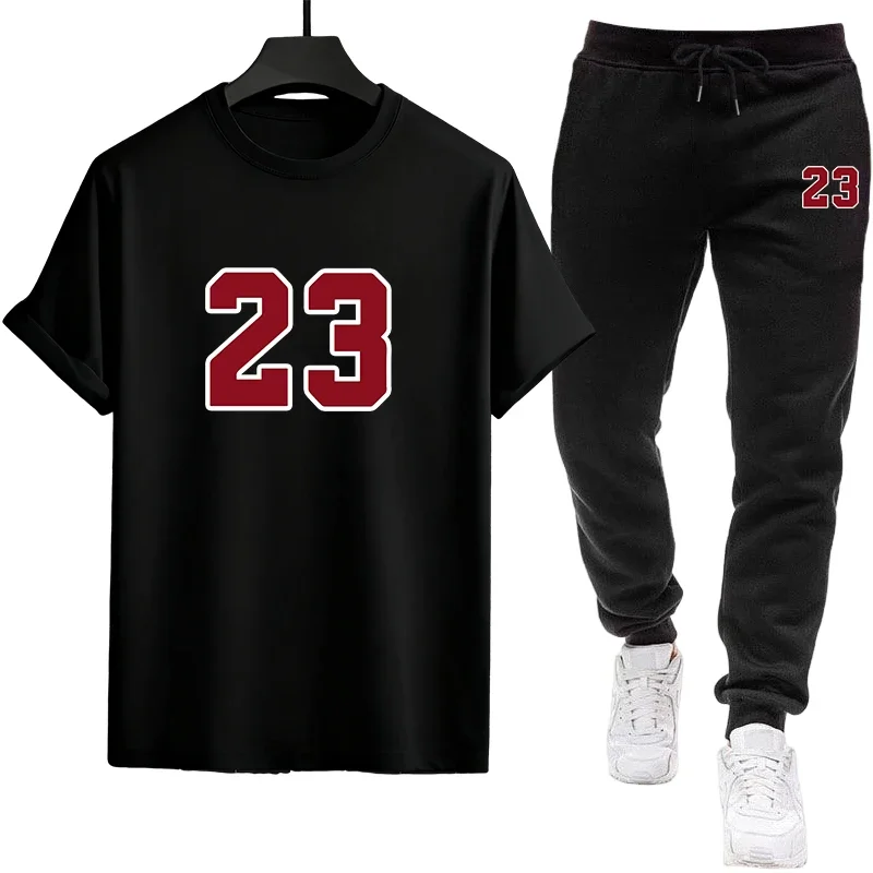 

2026 Men's Street Fashion Set Crew Neck T-Shirt and Slim Fit Joggers Urban Casual Style Spring Summer Casual Loose Tees Outfits