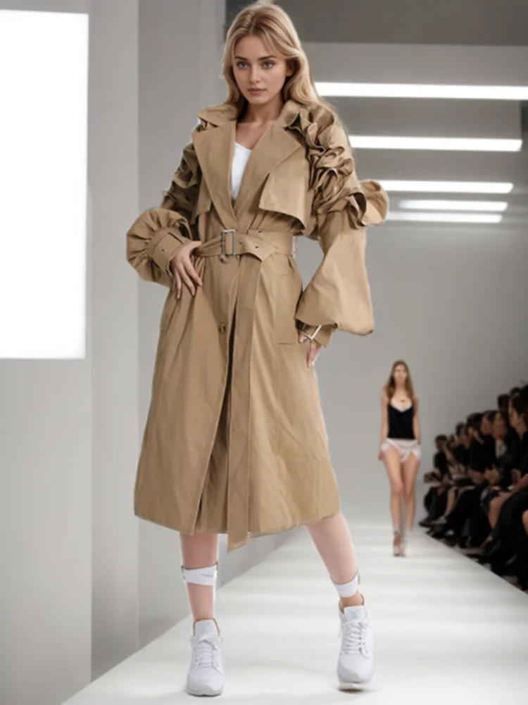 

Minimalist Solid Patchwork Ruffles Windbreakers For Women Lapel Long Sleeve Spliced Belt Temperament Trench Female Fashion