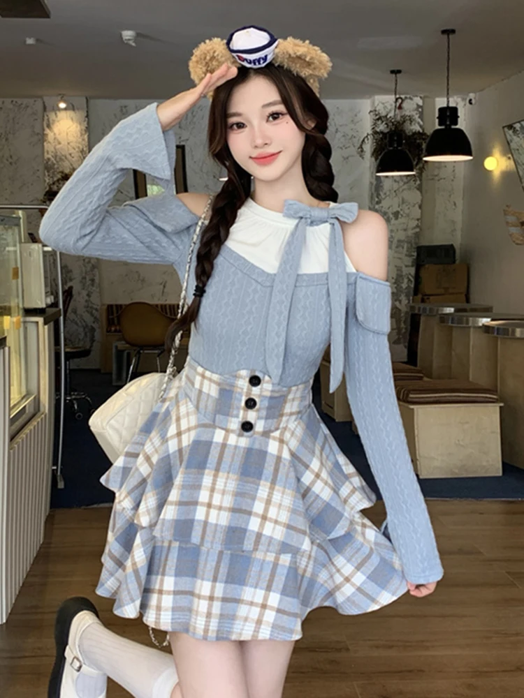 

Вязаный топ с открытыми плечами и клетчатая юбка: женский осенне-зимний модный комплект из двух предметов с завязками на талии, утягивающий фигуру