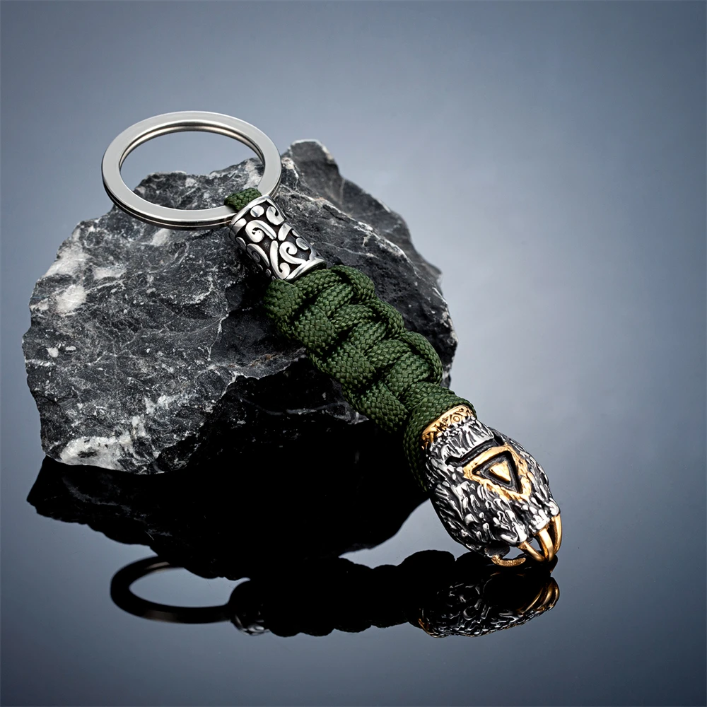 Retro Norse Bear Claw Keychain Handmade Braided Men Vikings Wolf Paracord Rope Survival Keyring Stainless Steel Outdoor Jewelry