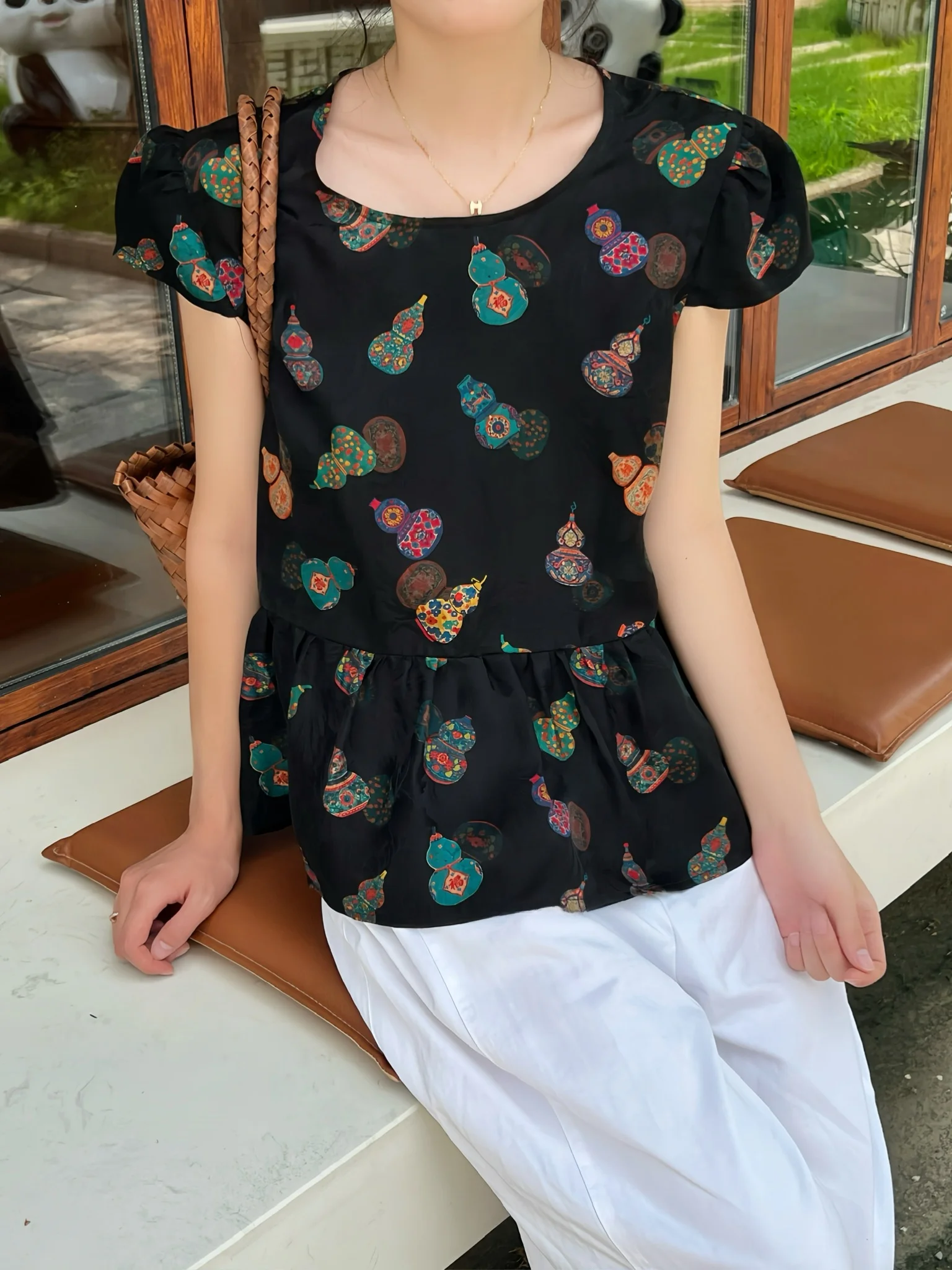 

Летняя женская блузка из шифона с плиссировкой, круглым вырезом и рукавами-фонариками, в стиле «молодость», для повседневной носки