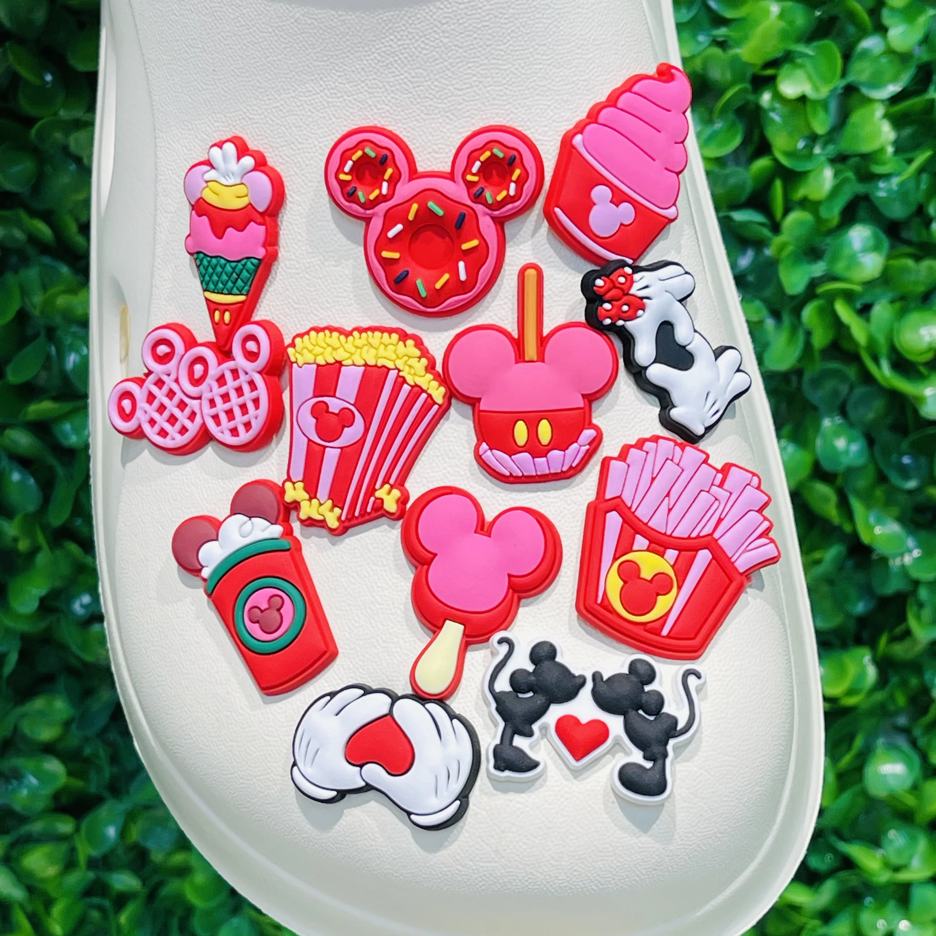 12pcs Miniso Disney Mickey Ice Cream Drink Popcorn Donut Cake Chips PVC Shoe Charms Sandal Shoes Decoration Valentine's Day Gift