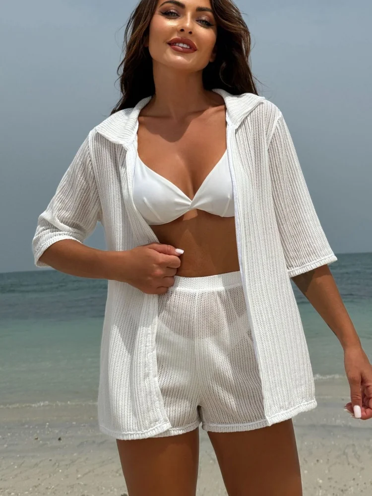 Summer 4 Piece Bikinis Sets Women Black White Mesh Half Sleeve Cover Up with High Waist Panties Swimsuit Bathing Suit Beach Wear