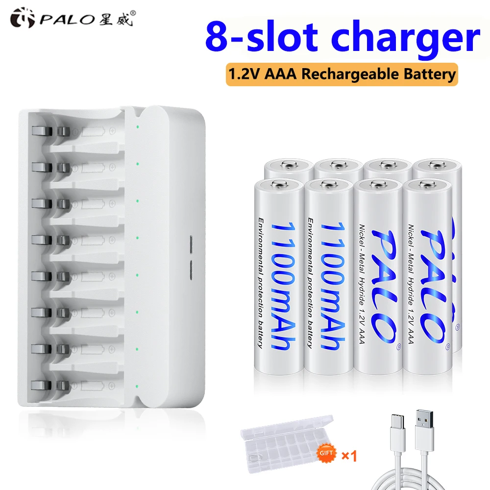 PALO AAA Rechargeable Battery 1.2V Ni-MH 3A Batteries for Camera Toy Car with 8-slots Smart Mix-Charge AA/AAA Battery Charger