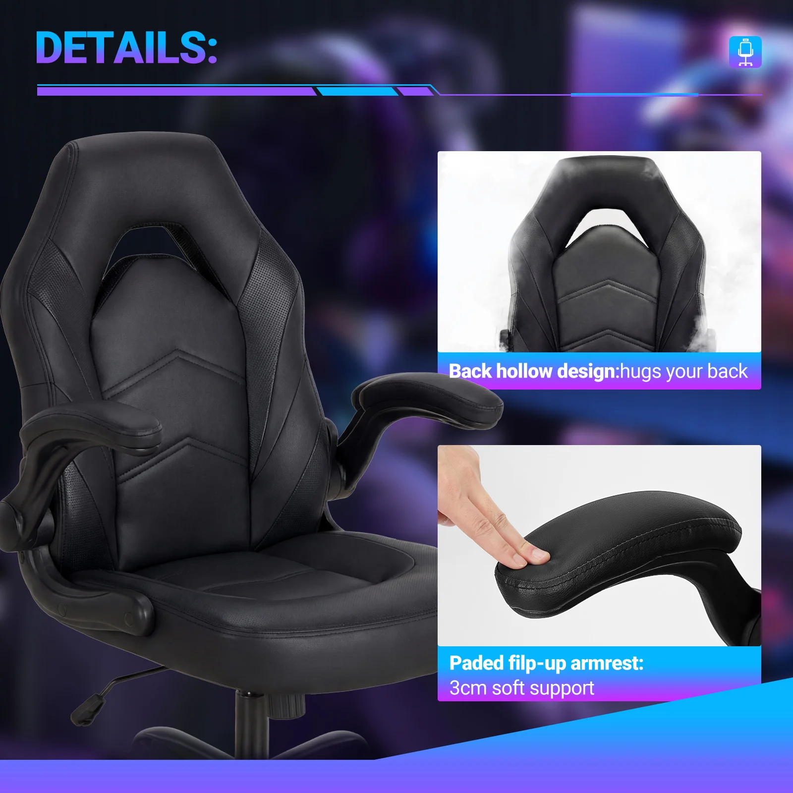 JHK Computer Gaming Chair PU Leather Office Desk Chair Padded High Back Flip-up Armrests Swivel Task Chair Adjustable Height