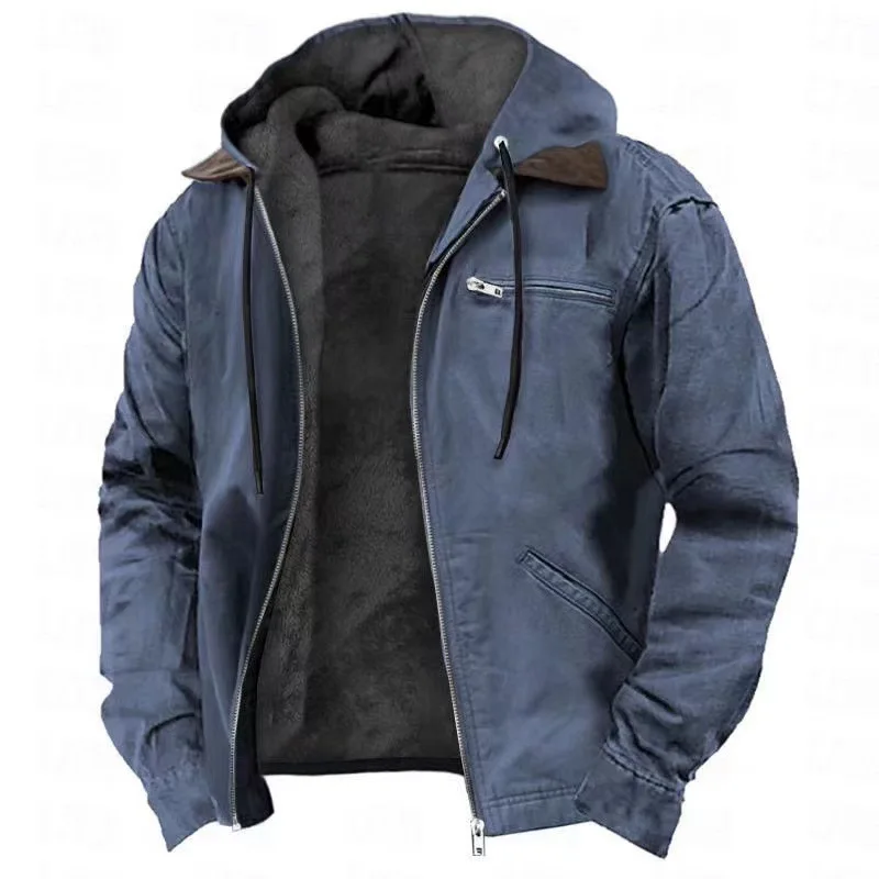 Winter New Men Casual Jackets Hooded Zipper Pocket Fashion Solid Color Fleece Warm Outerwear Male Outdoor Hooded Hoodie Coats