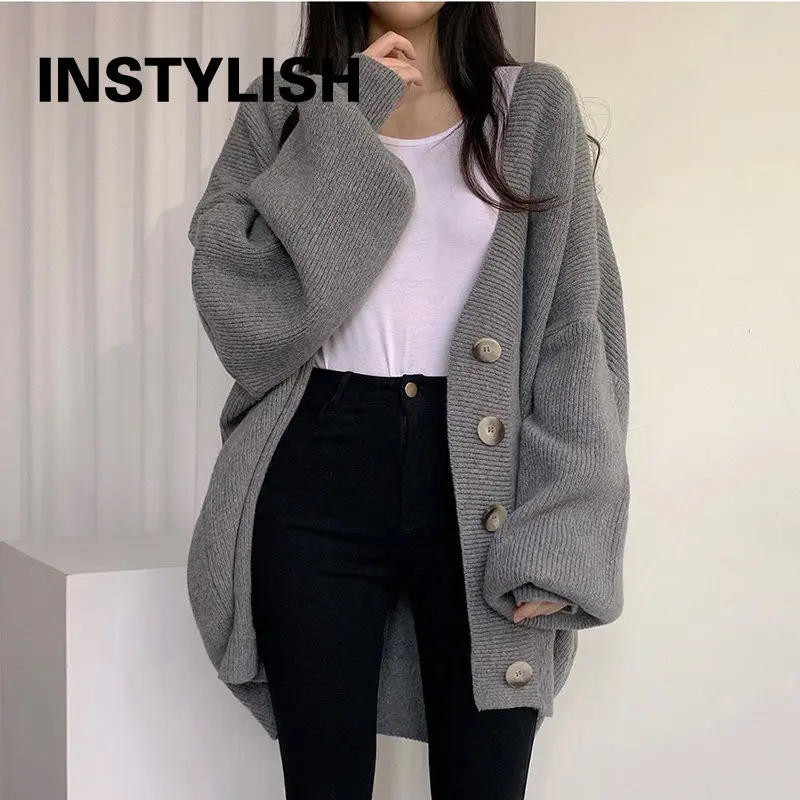 Women Vintage Lazy Knitted Cardigan Elegant Harajuku V Neck Single-breasted Loose Lantern Sleeve Sweater Coat Oversized Sweater